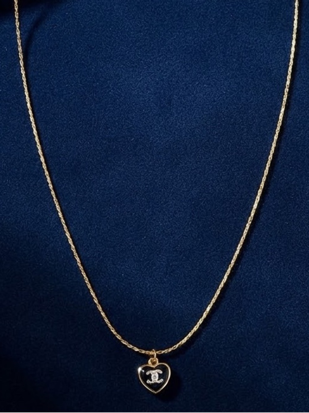 Gold Tone Chain Necklace with Black Heart Charm CC Accent